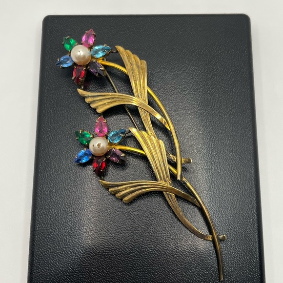 Flower SYMMETALIC rhinestone Vintage STERLING Silver 14KT Gold Brooch Pin - Picture 16 of 16
